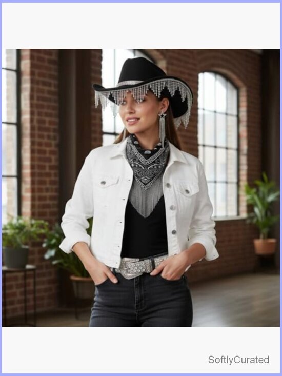 Cowgirl Hat Set with Rhinestone Fringe Hat Belt Earrings Bandana main image 5